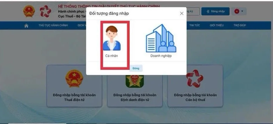Bước 1 truy cập vào hệ thống dichvucong.gdt.gov.vn giải quyết thủ tục hành chính thuế - đăng nhập cá nhân hộ kinh doanh