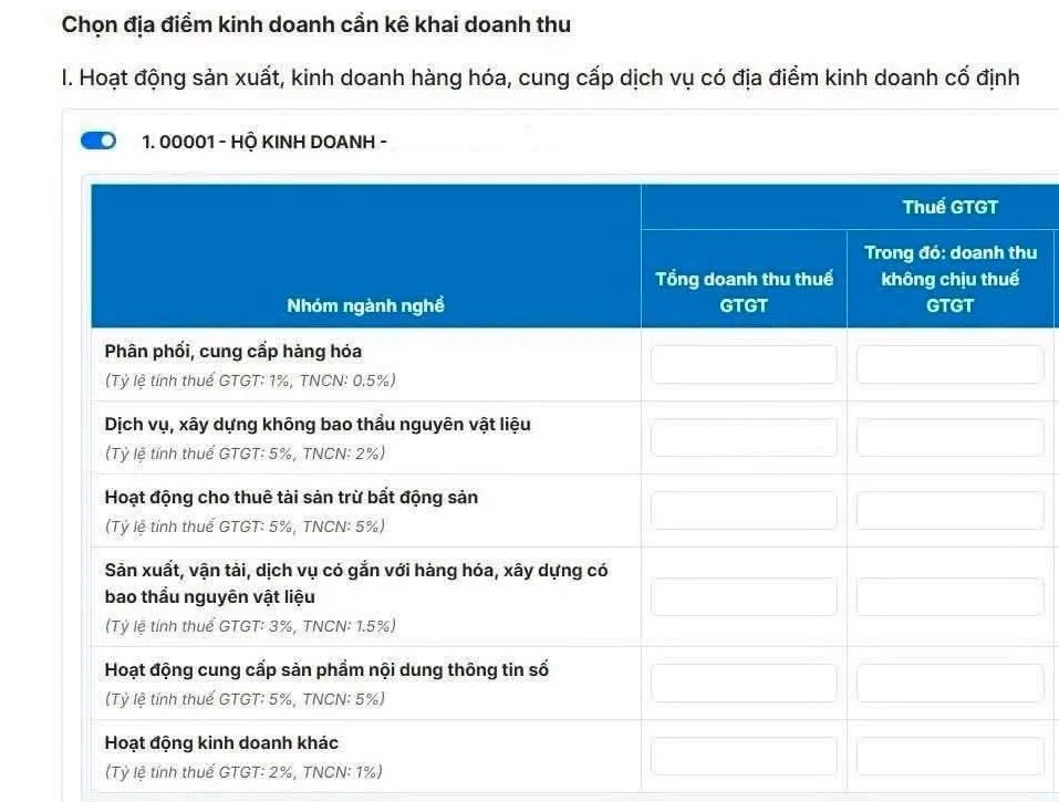 Bước 4 chọn đối tượng kê khai thuế hộ kinh doanh - chọn địa điểm kinh doanh trên dichvucong.gdt.gov.vn